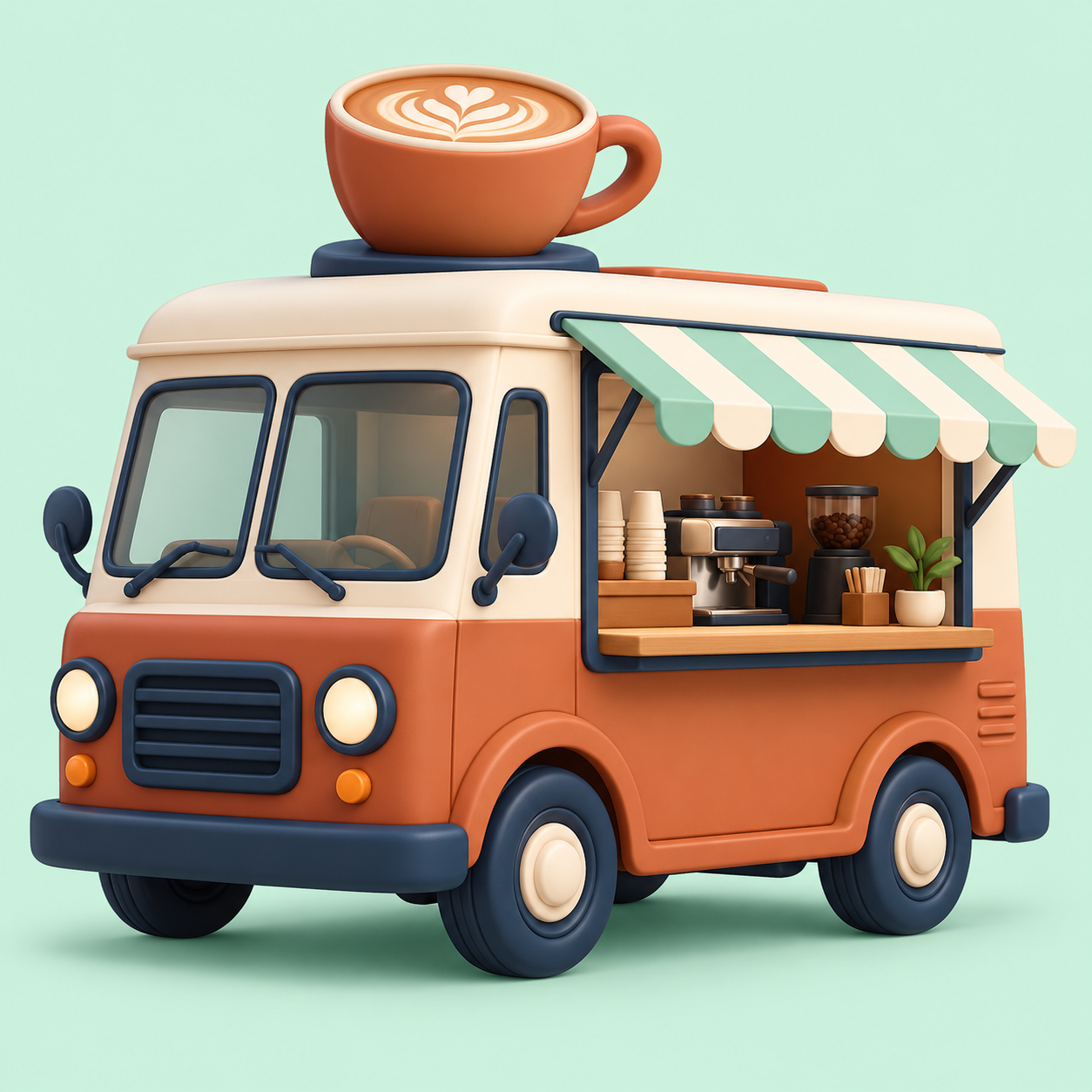 Terracotta cartoon coffee truck with a cup on its roof